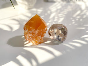 Orange Calcite & Flower Agate Set: Energy Infused Elegance