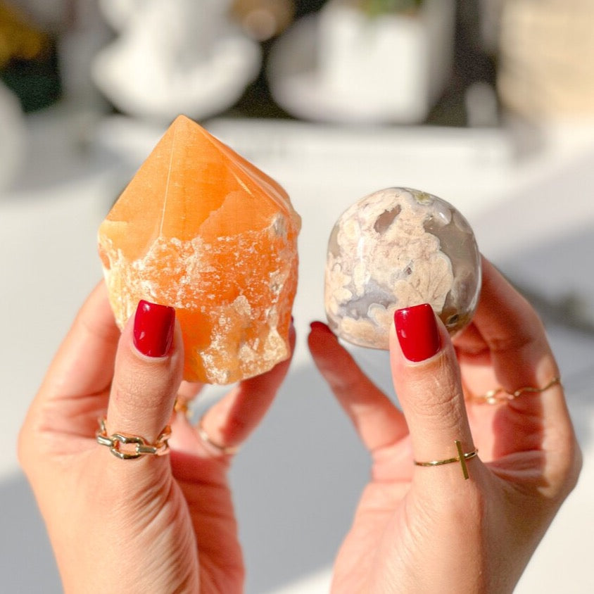 Orange Calcite & Flower Agate Set: Energy Infused Elegance