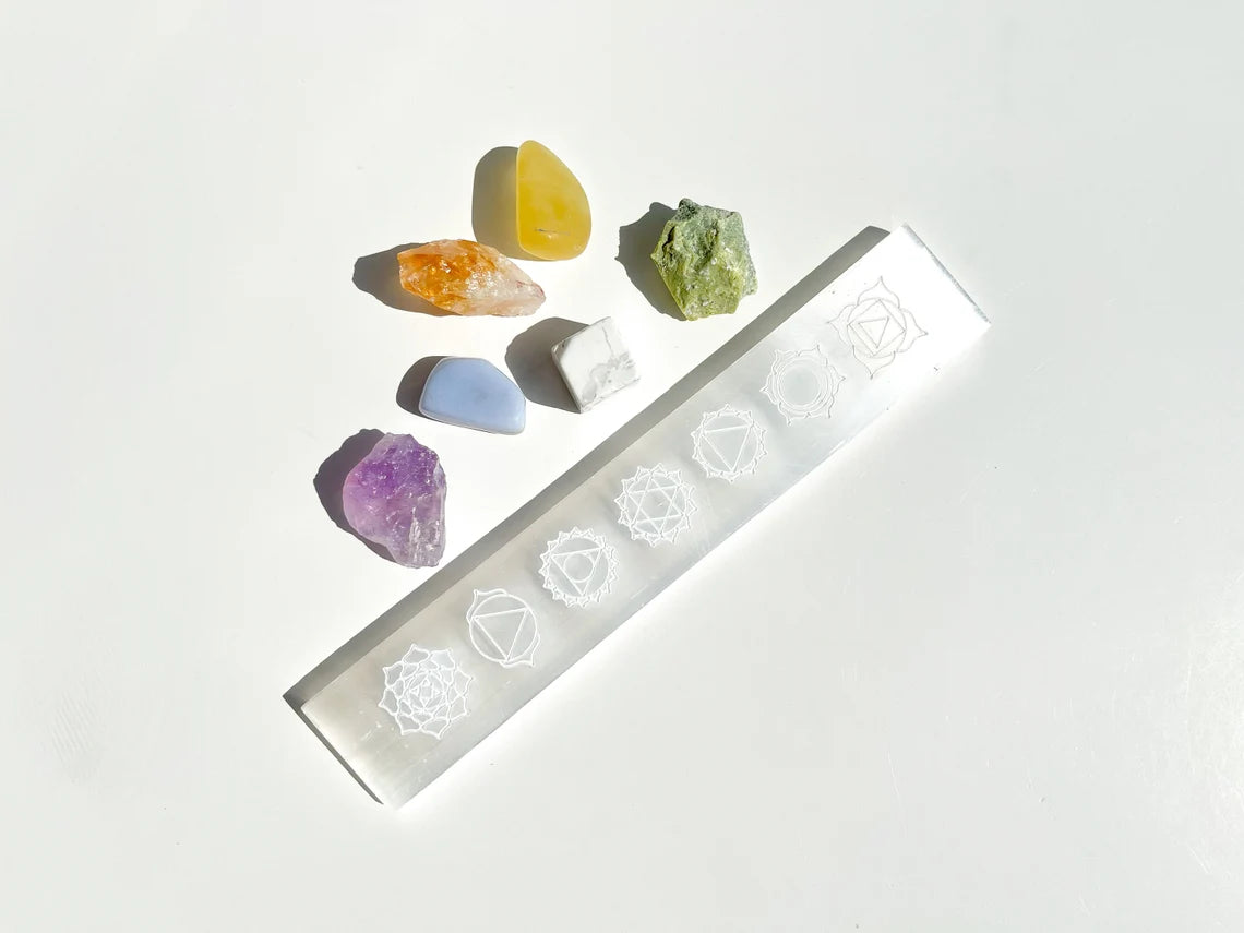 Gemini Zodiac Crystal Set with Chakra Selenite Plate
