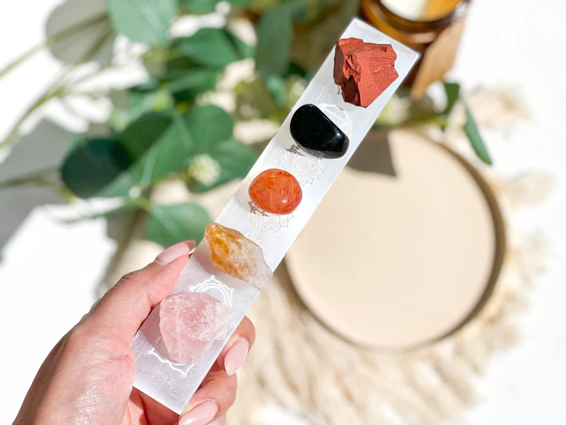 Aries Fire Energy Crystal Set with Chakra Selenite Plate
