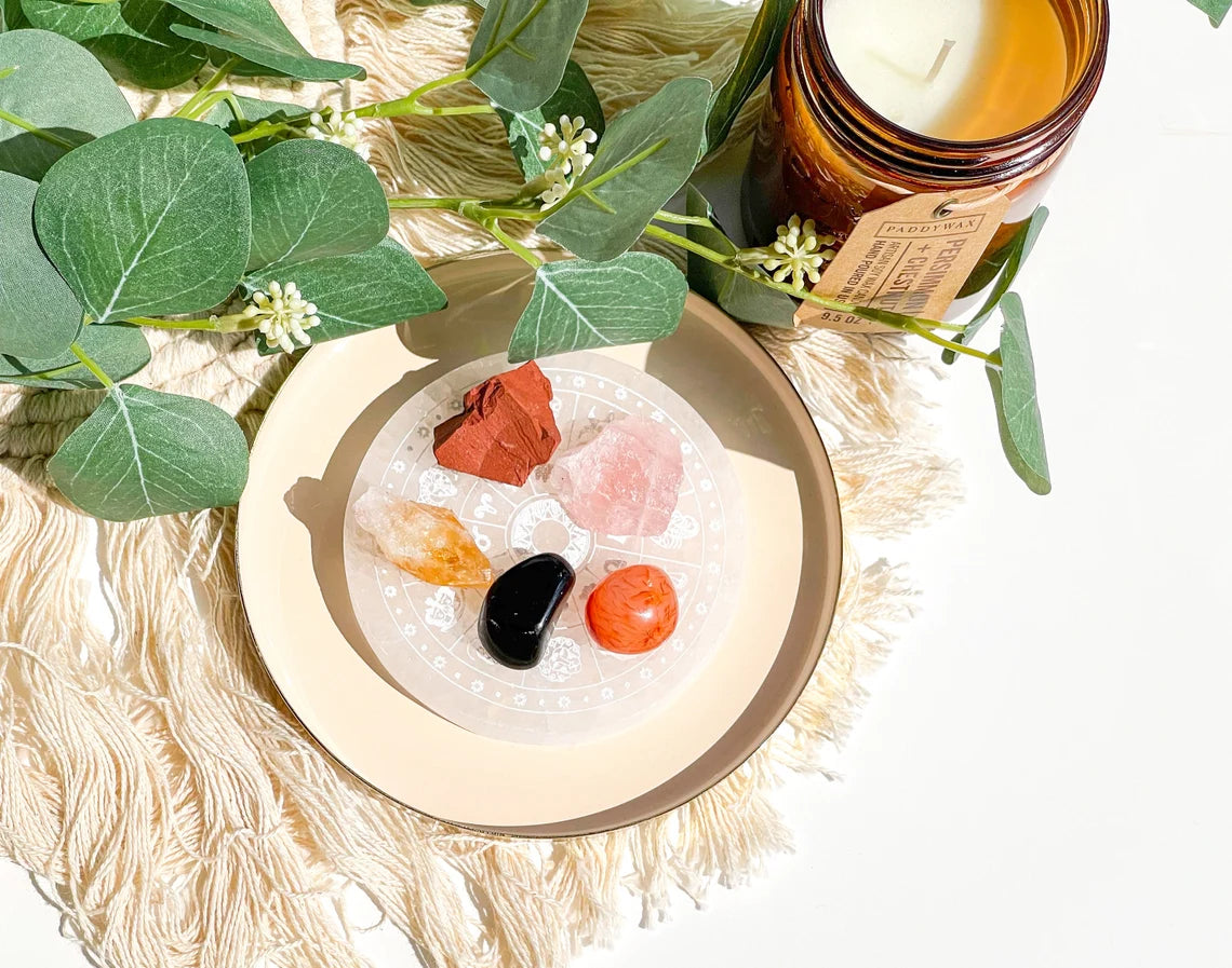 Aries Energy Empowerment Crystal Set & Zodiac Selenite Plate