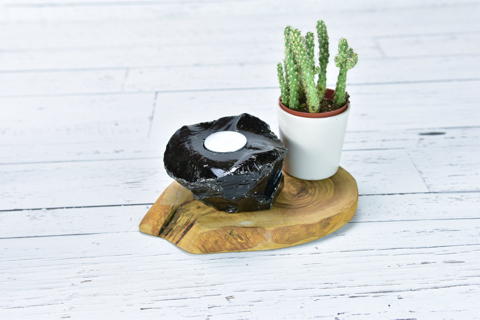 Black Obsidian Tea Light Candle Holder: Psychic Protection Stone