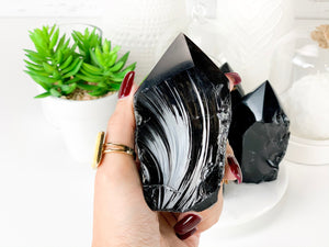 Black Obsidian Tower: Raw Crystal Point for Protection & Healing