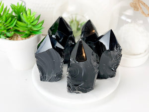 Black Obsidian Tower: Raw Crystal Point for Protection & Healing