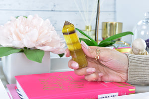 Yellow Fluorite Crystal Tower: Polished Point, Brazil Origin