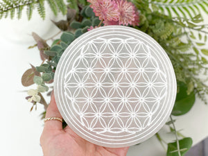 Etched Selenite Charging Plate – Flower of Life Design – Crystal Grid & Energy Cleanse Tool