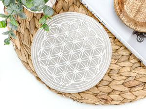 Etched Selenite Charging Plate – Flower of Life Design – Crystal Grid & Energy Cleanse Tool