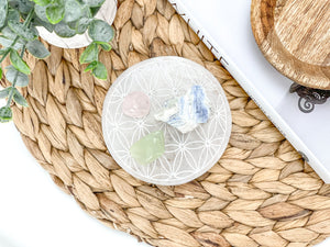 Etched Selenite Charging Plate – Flower of Life Design – Crystal Grid & Energy Cleanse Tool