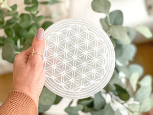 Etched Selenite Charging Plate – Flower of Life Design – Crystal Grid & Energy Cleanse Tool