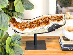 Massive Citrine Crystal Cluster on Metal Stand