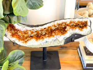 Massive Citrine Crystal Cluster on Metal Stand