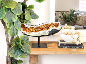 Massive Citrine Crystal Cluster on Metal Stand