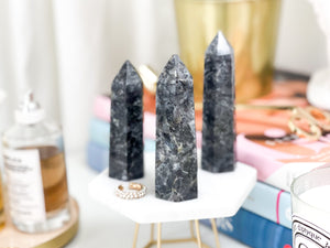Larvikite Crystal Tower: Norwegian Moonstone, Feldspar Rock