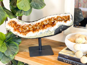 Massive Citrine Crystal Cluster on Metal Stand