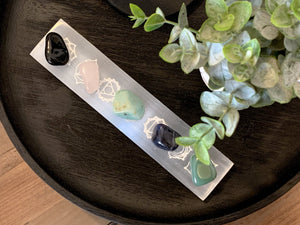 Selenite Plate with 7 Chakra Symbols: Energy Cleansing, Spiritual Activation, and Chakra Alignment"