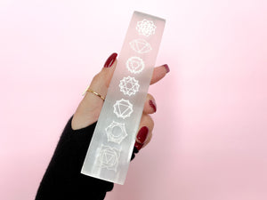 Selenite Plate with 7 Chakra Symbols: Energy Cleansing, Spiritual Activation, and Chakra Alignment"