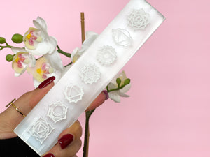 Selenite Plate with 7 Chakra Symbols: Energy Cleansing, Spiritual Activation, and Chakra Alignment"