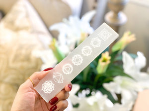 Selenite Plate with 7 Chakra Symbols: Energy Cleansing, Spiritual Activation, and Chakra Alignment"