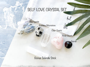 Self Love Healing Crystal Set: Quartz, Rose Quartz, Moonstone & Selenite