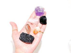 Evil Eye Protection Crystal Set: Black Tourmaline, Obsidian, Citrine, Quartz & Amethyst