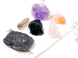 Evil Eye Protection Crystal Set: Black Tourmaline, Obsidian, Citrine, Quartz & Amethyst