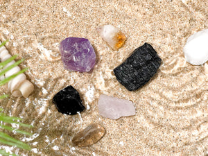 Evil Eye Protection Crystal Set: Black Tourmaline, Obsidian, Citrine, Quartz & Amethyst