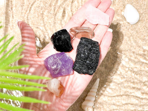 Evil Eye Protection Crystal Set: Black Tourmaline, Obsidian, Citrine, Quartz & Amethyst