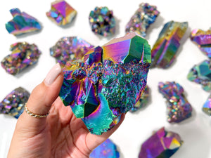 Large Rainbow Titanium Aura Quartz Crystal Cluster: Flame Aura Decor