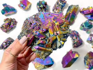 Large Rainbow Titanium Aura Quartz Crystal Cluster: Flame Aura Decor