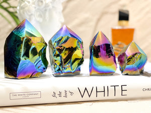 Rainbow Aura Black Obsidian Crystal Tower: Titanium Flame Aura Point