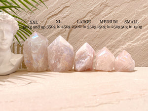 Glistening Angel Aura Rose Quartz Points. Enhance Love, Harmony, and Positivity in Your Space