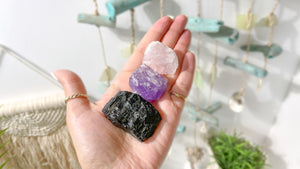 Rose Quartz, Amethyst, and Tourmaline Crystal Set for Emotional Healing and Stress Relief