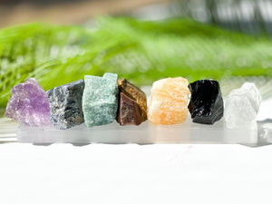 Chakra Stones Set: Obsidian, Amethyst, Selenite Charging Plate