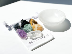 Crystal Set - Chakra Stones Set: Raw Gemstones & Selenite Charging Bowl