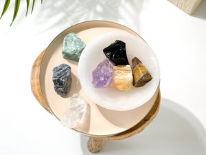 Crystal Set - Chakra Stones Set: Raw Gemstones & Selenite Charging Bowl