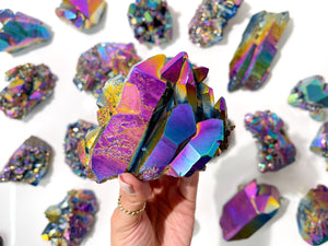 Large Rainbow Titanium Aura Quartz Crystal Cluster: Flame Aura Decor