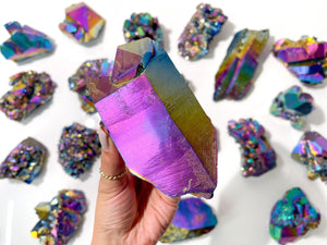 Large Rainbow Titanium Aura Quartz Crystal Cluster: Flame Aura Decor