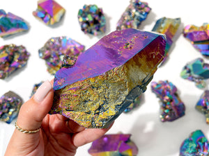 Large Rainbow Titanium Aura Quartz Crystal Cluster: Flame Aura Decor