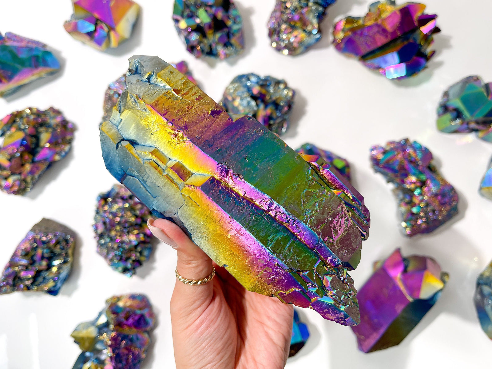 Large Rainbow Titanium Aura Quartz Crystal Cluster: Flame Aura Decor