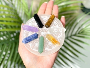 Chakra Crystal Healing Set: Selenite Flower of Life Plate & 7 Double Terminated Points