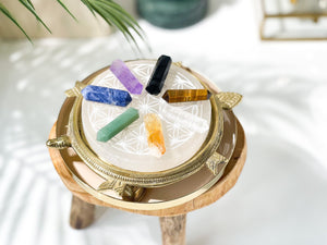 Chakra Crystal Healing Set: Selenite Flower of Life Plate & 7 Double Terminated Points