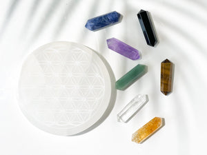 Chakra Crystal Healing Set: Selenite Flower of Life Plate & 7 Double Terminated Points