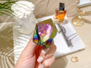 Rainbow Aura Black Obsidian Crystal Tower: Titanium Flame Aura Point