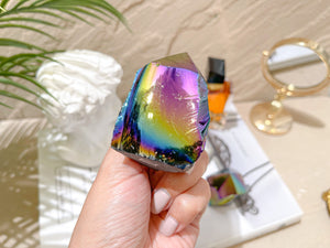 Rainbow Aura Black Obsidian Crystal Tower: Titanium Flame Aura Point