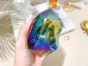 Rainbow Aura Black Obsidian Crystal Tower: Titanium Flame Aura Point