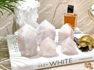 Glistening Angel Aura Rose Quartz Points. Enhance Love, Harmony, and Positivity in Your Space