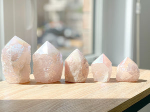 Glistening Angel Aura Rose Quartz Points. Enhance Love, Harmony, and Positivity in Your Space