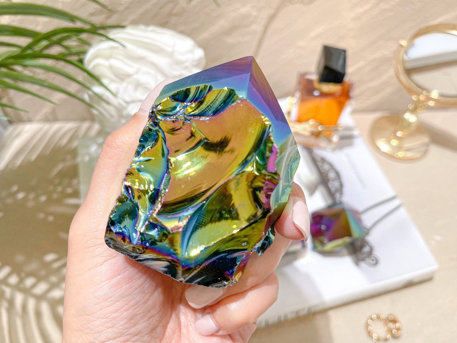 Rainbow Aura Black Obsidian Crystal Tower: Titanium Flame Aura Point