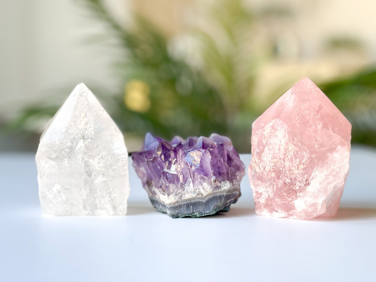 Amethyst Cluster, Rose Quartz & Clear Quartz Point Set