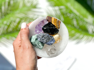 Crystal Set - Chakra Stones Set: Raw Gemstones & Selenite Charging Bowl